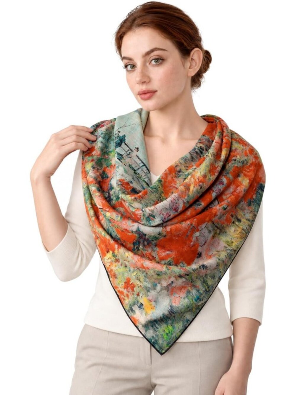 Lightweight Art Print Wool Scarf for Women, 36x36 Inch Fashion Accessory